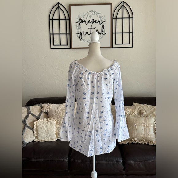 Vintage Victoria's Secret Floral White Boho Festival Cotton Dress Bell Sleeve M - Picture 3 of 14